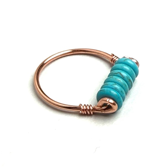 Hand Crafted Copper Wire Line Ring Turquoise Wagnerite Stone Beads NEW Size 8 - Picture 5 of 8